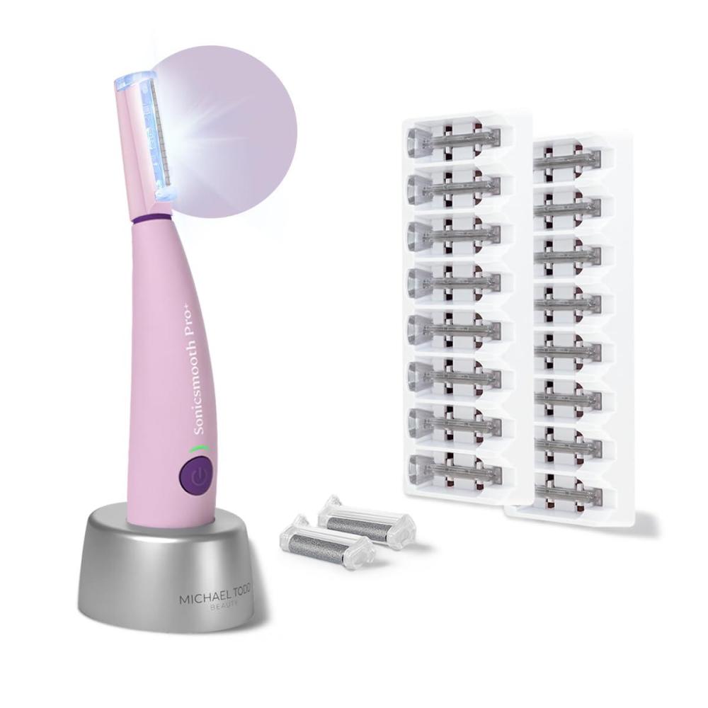 image:imageMichael Todd Beauty Sonicsmooth Pro Dermaplane Razor for Women Face  Eyebrow trimmer Dermaplaning System wLED Light Peach Fuzz Remover 16 Dermaplaning Blades amp 2 Microsmooth Exfoliation TipsPink
